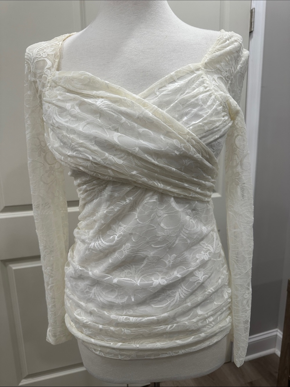 PattyBoutik Ivory Lace Long-Sleeve Wrap-Style Dress